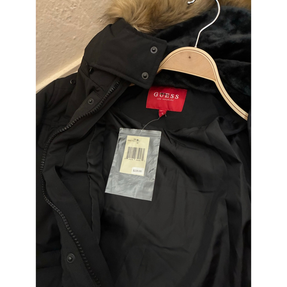 NEW! GUESS FAUX FUR HOOD PUFFER WINTER JACKET FOR MEN, BLACK SIZE SMALL - Picture 8 of 10